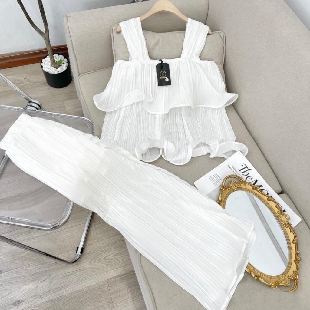 [10.10 Sale Freeship] Set bộ nữ xếp ly hai dây dáng xòe hai tầng, quần ống rộng dài thoải mái, set áo babydoll thoải mái