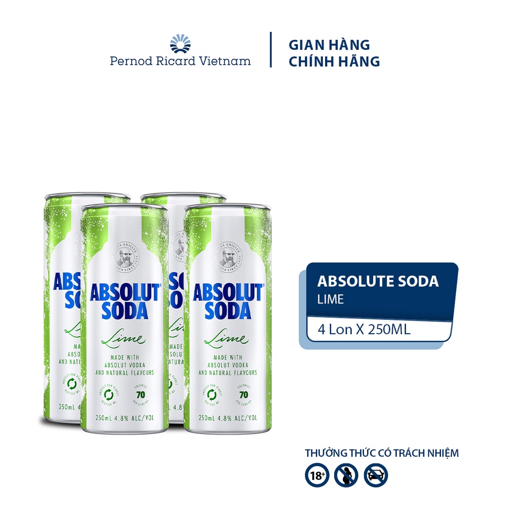 Lốc 4 lon đồ uống có cồn hương chanh Absolut Soda Lime 4.8% (250ml/lon)