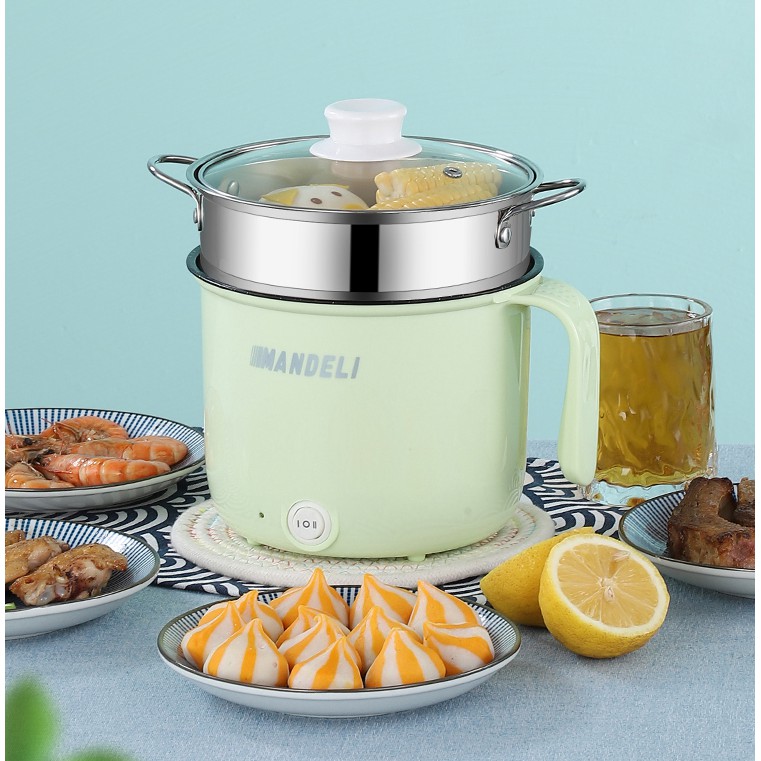 Ca Nấu Mì,Nồi Lẩu Điện Mini Cầm Tay 2 NẤC NHIỆT Mandeli Nấu Cơm Đa Năng 1,8L + Tặng Kèm Giá Hấp INOX