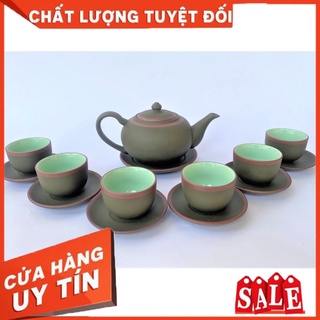 Bộ ấm chén gốm tử sa Bát Tràng Tống xanh trơn