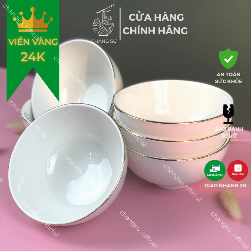 Bộ bát ăn cơm viền vàng 12k đẳng cấp - Chén cơm viền vàng sứ Minh Châu set 6 và set 10 bát ăn