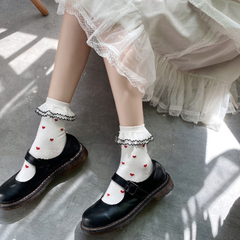 Xiangbao Vớ Ngắn Hai Lớp Diềm Xếp Nếp In Họa Tiết Trái Tim Nhỏ Phong Cách Lolita Nhật Bản Ngọt Ngào Cho