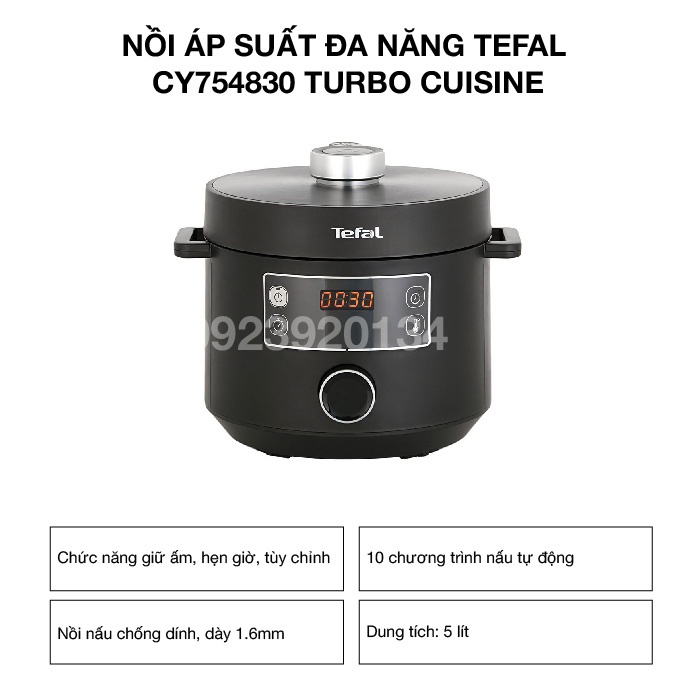 Nồi Áp Suất Đa Năng Tefal CY754830 Turbo Cuisine, 5 Lít, 10 Chương Trình - Hàng chính hãng