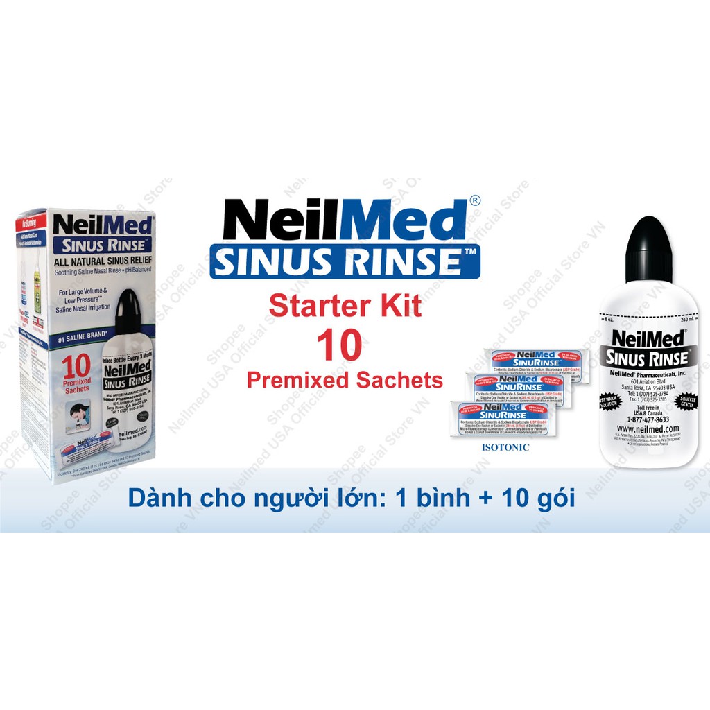 Combo Bình Xịt Rửa Mũi NeilMed Protect (1 bộ bình rửa người lớn kèm 10 gói muối + 2 chai xịt rửa mũi phun sương )