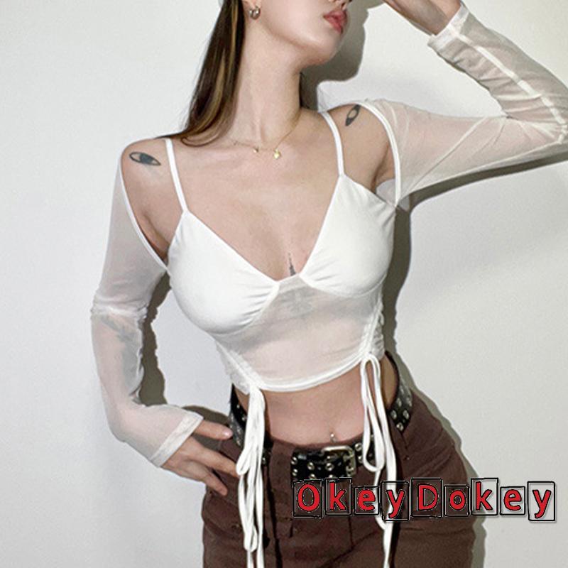 Áo Croptop Tay Dài Phối Lưới Dây Rút Thời Trang Quyến Rũ Cho Nữ
