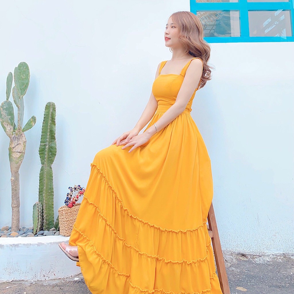 Đầm Maxi hai dây, bo lưng hở eo, đầm đi biển, du lịch, chụp hình VINTAGE STORE | BigBuy360 - bigbuy360.vn