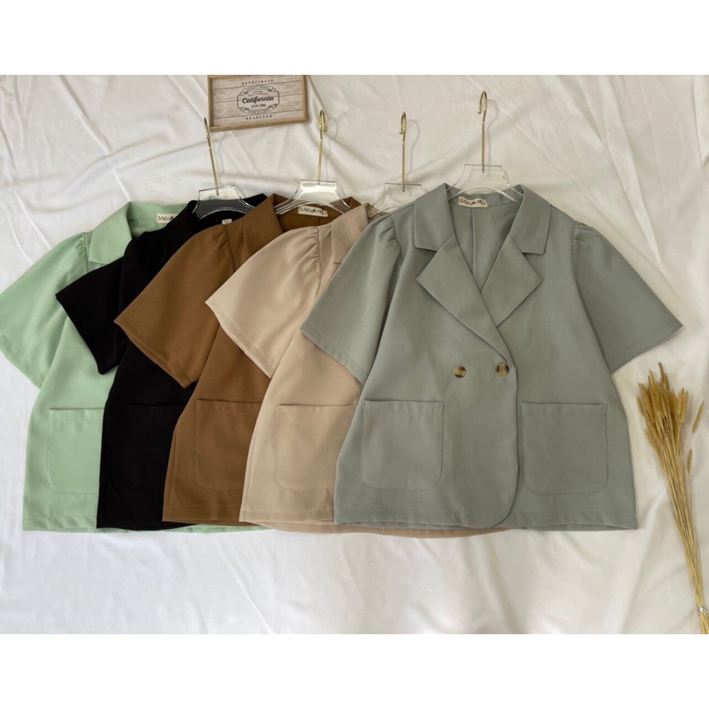 Áo blazer ngắn tay dáng croptop, áo khoác vest cộc tay dáng ngắn tay bồng túi hộp phong cách Hàn Quốc freesize