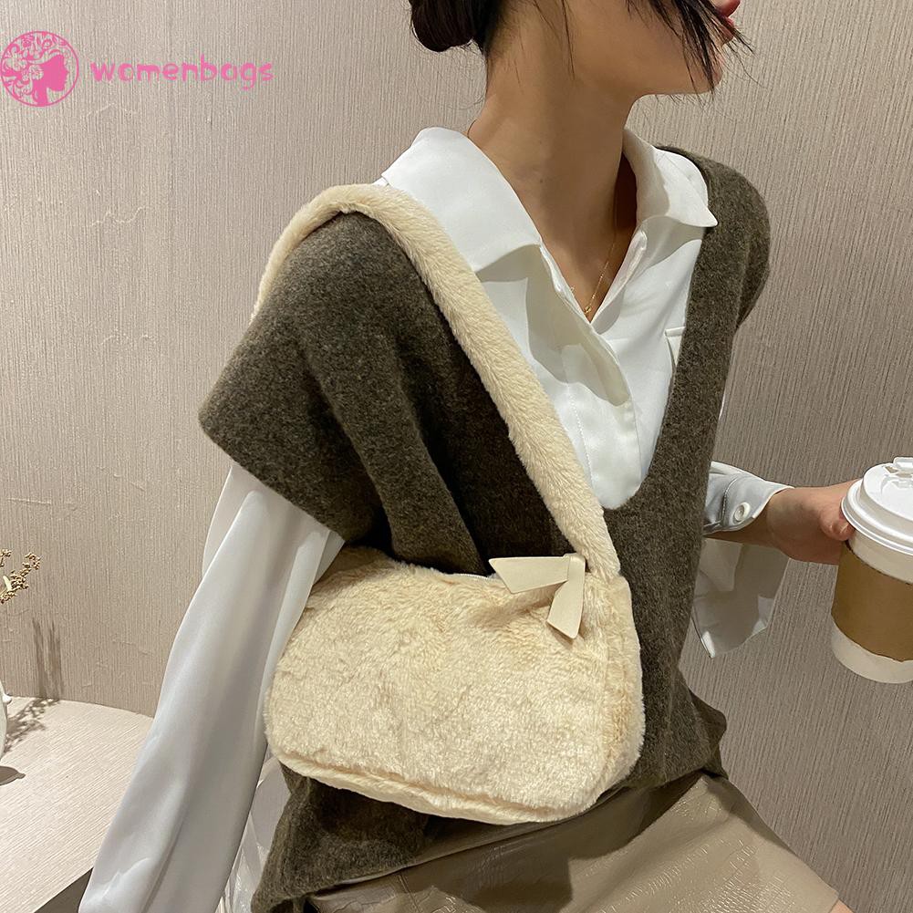 Túi đeo vai bằng vải lông màu trơn phong cách retro cho nữ