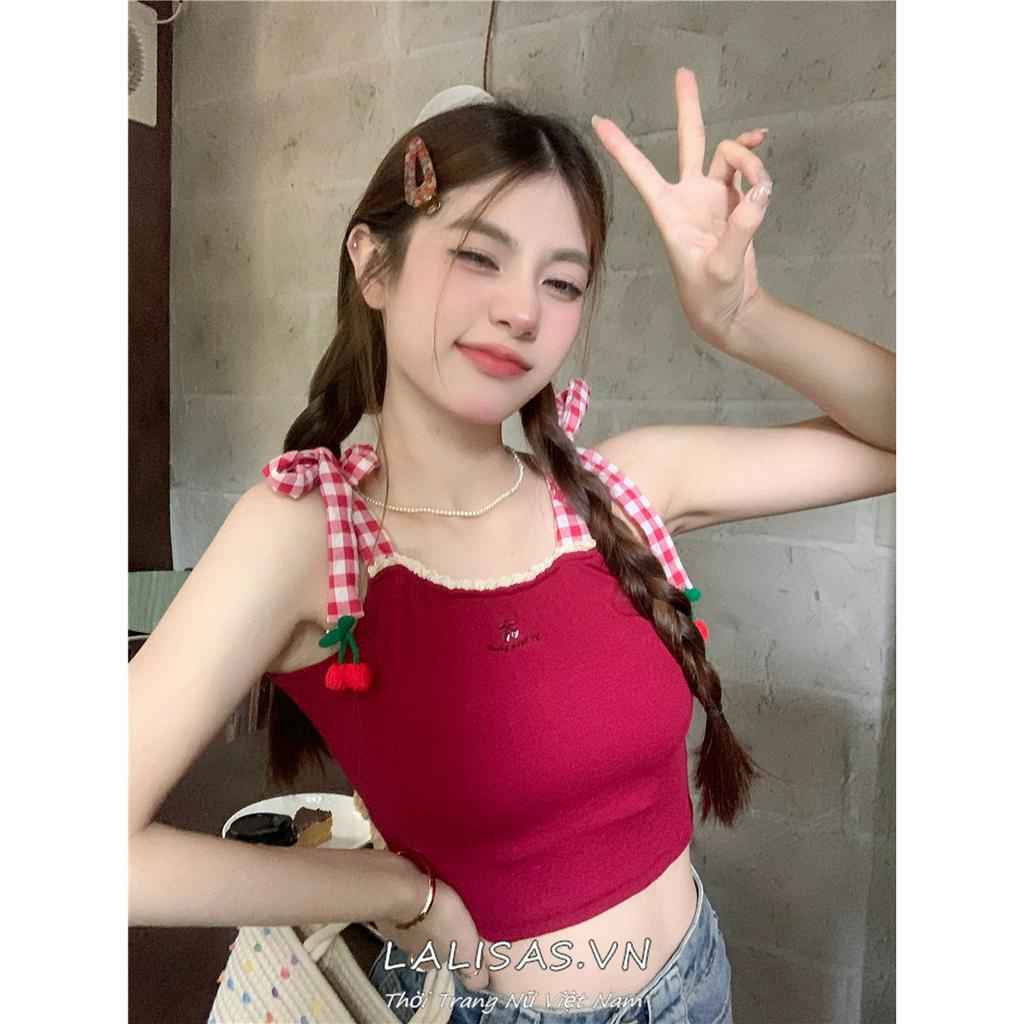Lalisas Áo Croptop Hai Dây Viền Ren Thêu Họa Tiết Gia Vị Ngọt Ngào Quyến Rũ Cho Nữ