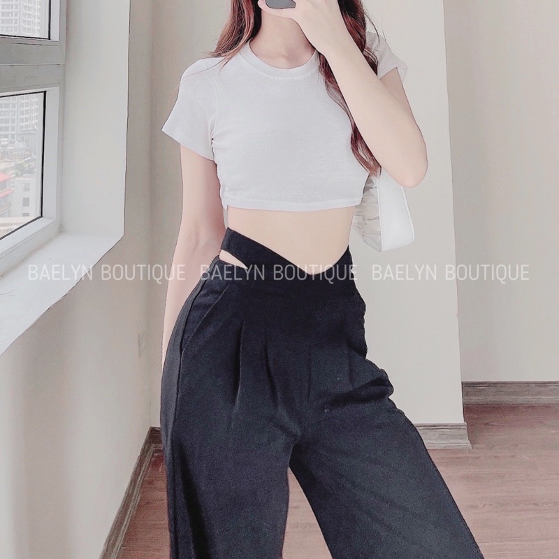 Quần suông ống rộng khuyết eo tôn dáng màu xanh và đen dành cho nữ - Hàng chuẩn QCCC | BigBuy360 - bigbuy360.vn