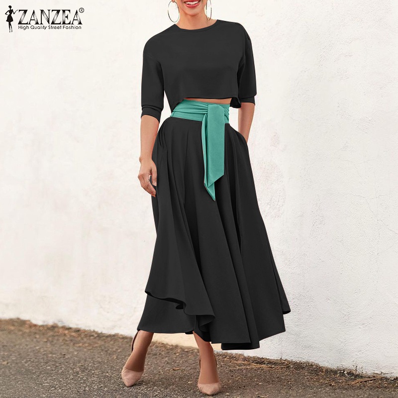 Set quần áo  ZANZEA gồm áo cổ tròn tay 3/4 + chân váy dài xẻ tà lưng cao thời trang châu Âu cho nữ