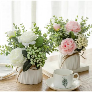 Hoa lụa, chậu hoa mẫu đơn để bàn trang trí quán cà phê, bàn làm việc cực xinh, decor phòng khách đẹp