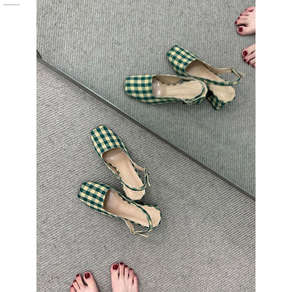 Đôi giày gót vừa dày mũi vuông họa tiết kẻ sọc màu xanh lá cổ điển thời trang xuân hè cho nữ 2022