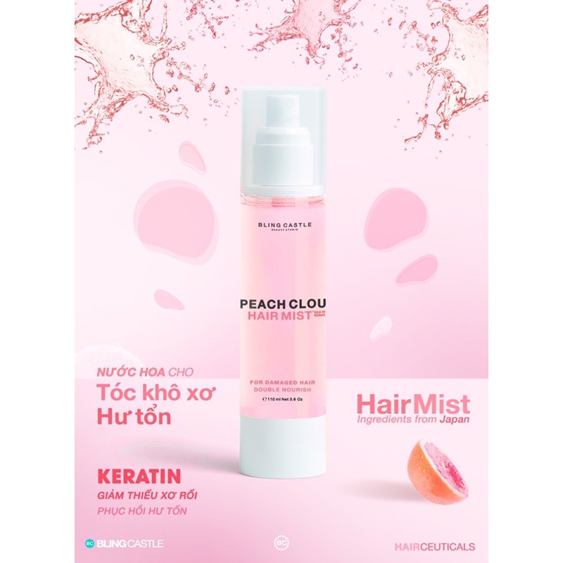 PEACHY CLOUDY Hair Mist - Xịt dưỡng tóc Phục Hồi Hư Tổn -  Keratin Bọt Sữa 110ml