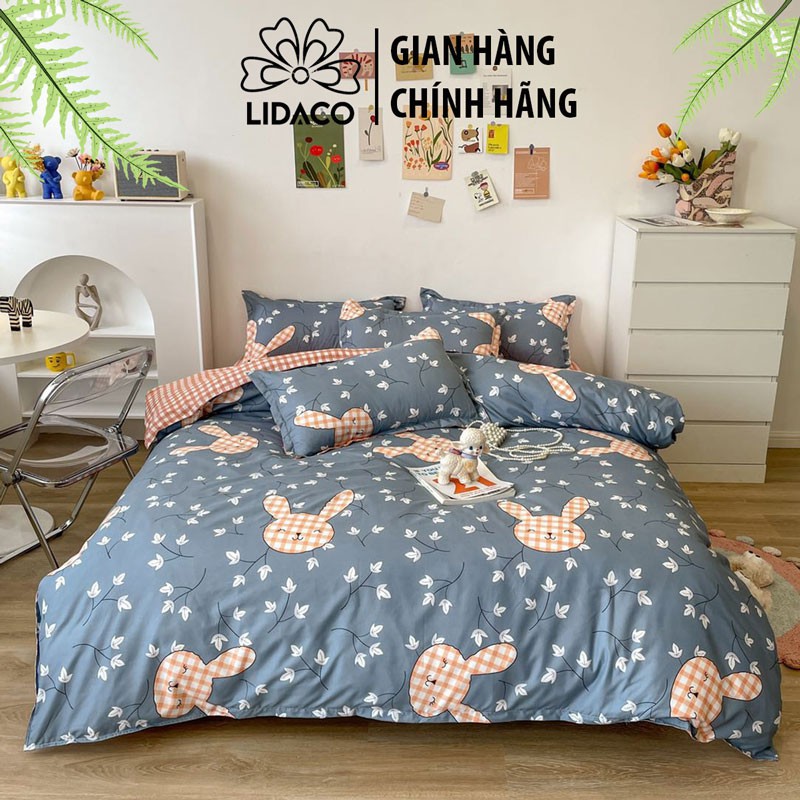 Bộ chăn ga gối cotton poly Lidaco decor phòng ngủ vintage - Thỏ Caro Hồng (SP001411)