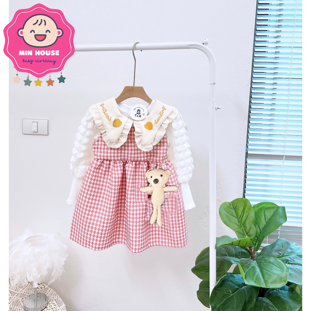 Set váy dạ phối áo nỉ mềm tay xốp kèm túi gấu cho bé gái
