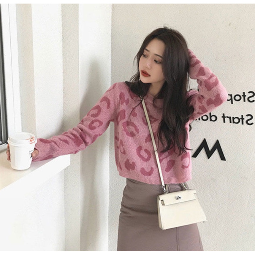 Áo Sweater tay dài dáng rộng họa tiết da báo cá tính trẻ trung