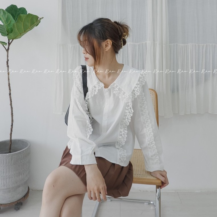 ÁO SƠ MI NỮ KIỂU CỔ LÁ SEN VIỀN BÈO REN NỔI PHONG CÁCH VINTAGE - ATD121