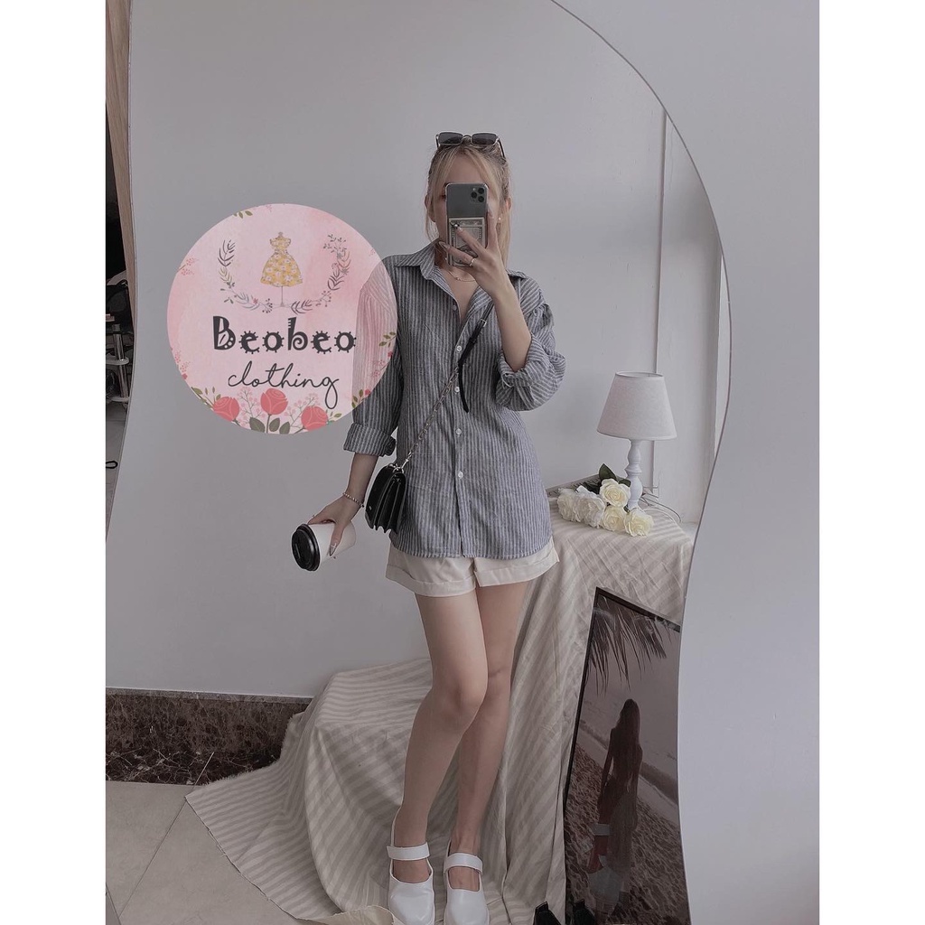Áo sơ mi kẻ sọc rút dây cột nơ lưng ulzzang