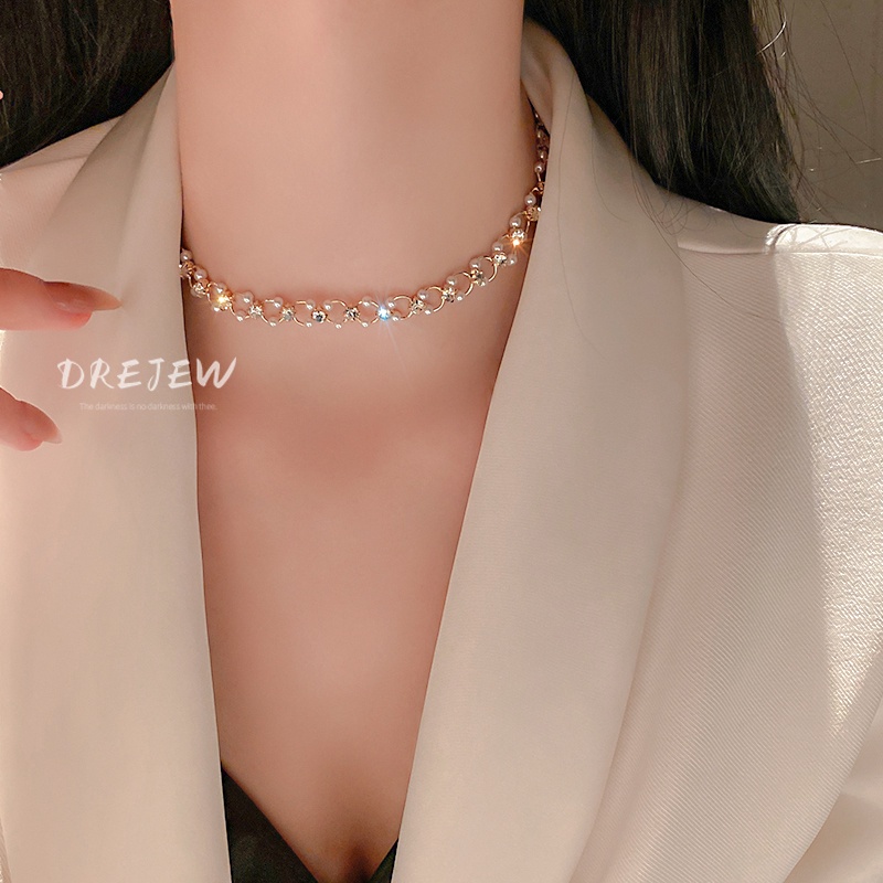 DREJEW Dây Chuyền Mạ Vàng Thật Mặt Ngọc Trai Kim Cương Đơn Giản Độc Đáo Thời Trang Hàn Quốc