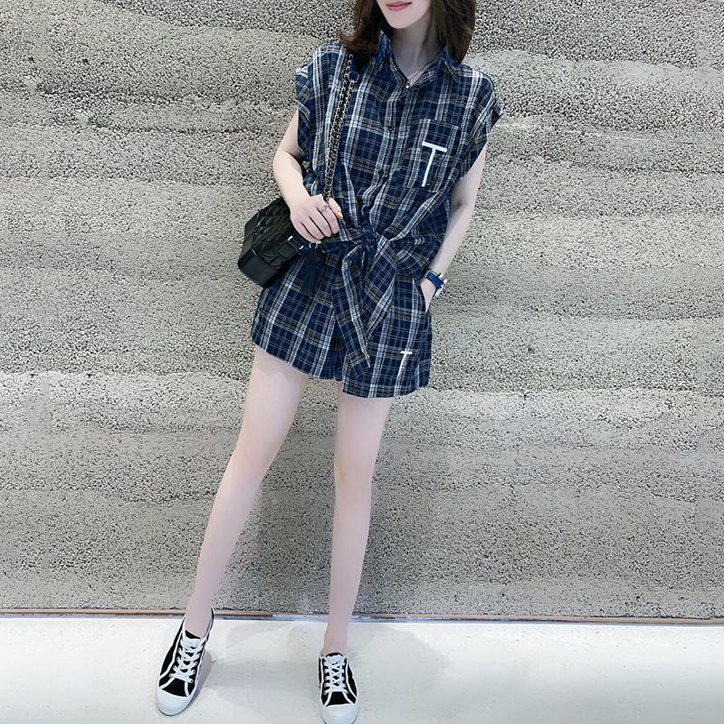 Set áo quần short sơ mi kẻ sọc caro trẻ trung thời trang mùa hè châu Âu cho nữ giới mũm mĩm