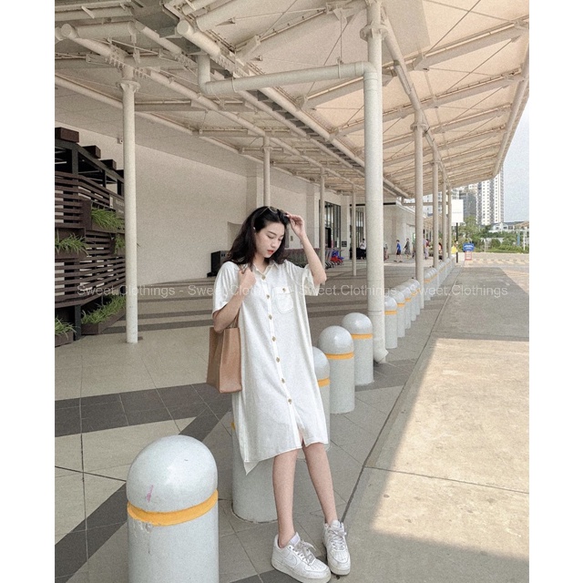 Váy sơ mi dáng Ullzang viền chỉ nổi chất đũi linen, Đầm sơ mi đuôi tôm tay ngắn SWEET.CLOTHINGS