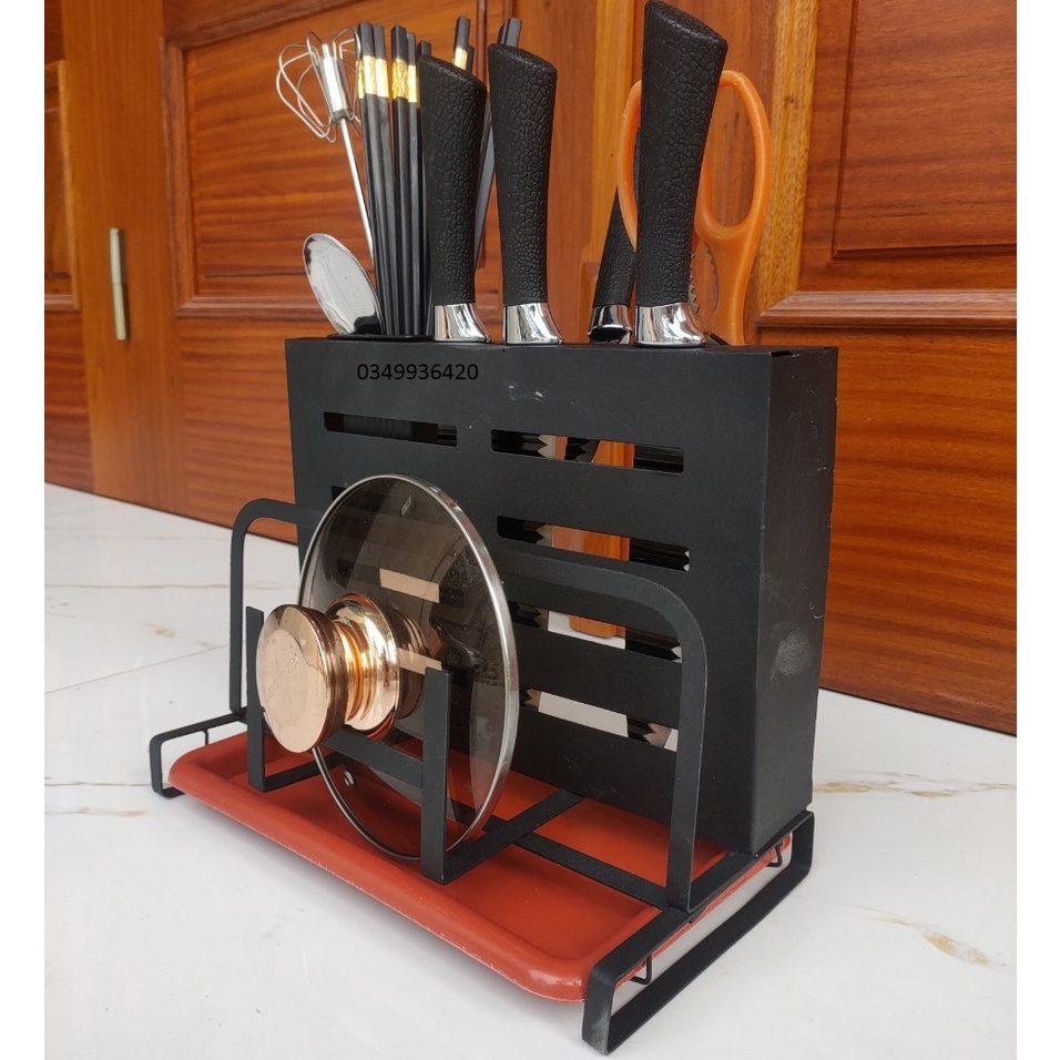 Hộp đựng dao thớt. Giá kệ để dao thớt nhà bếp có ống đũa tháo rời có khay hứng nước. Thép sơn tĩnh điện