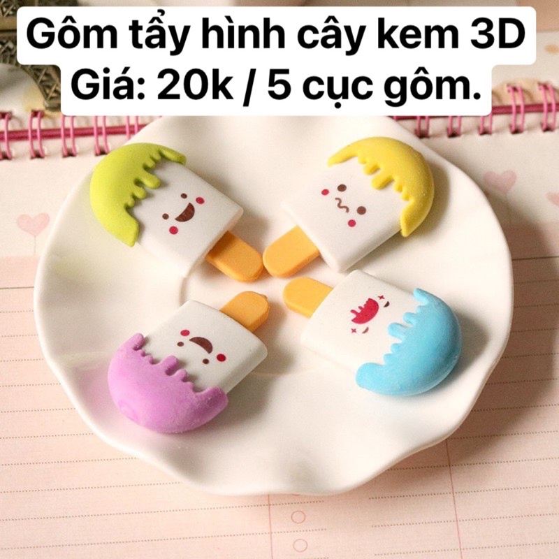 5 cục Gôm tẩy hình cây kem 3D dễ thương.