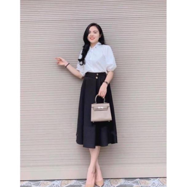 Chân váy dài công sở qua gối - Xếp ly phối 2 cúc - Vải tuyết mưa dày dặn co giãn nhẹ - Váy công sở - đi làm - đi chơi | BigBuy360 - bigbuy360.vn