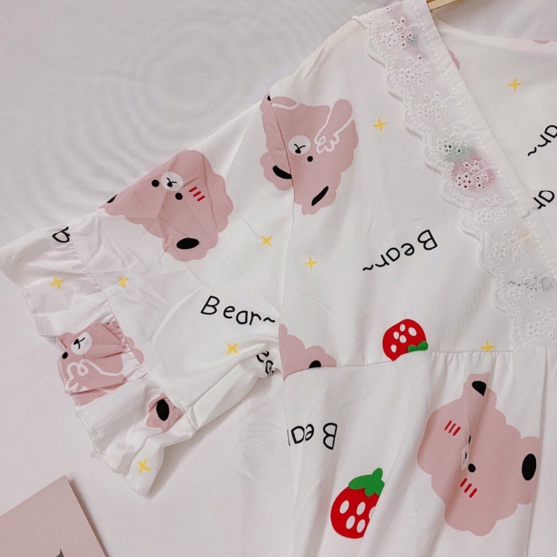 Váy ngủ đầm ngủ nữ chất thun cotton mịn mát mặc nhà thoải mái cổ bèo xinh xắn, hình gấu dễ thương | BigBuy360 - bigbuy360.vn