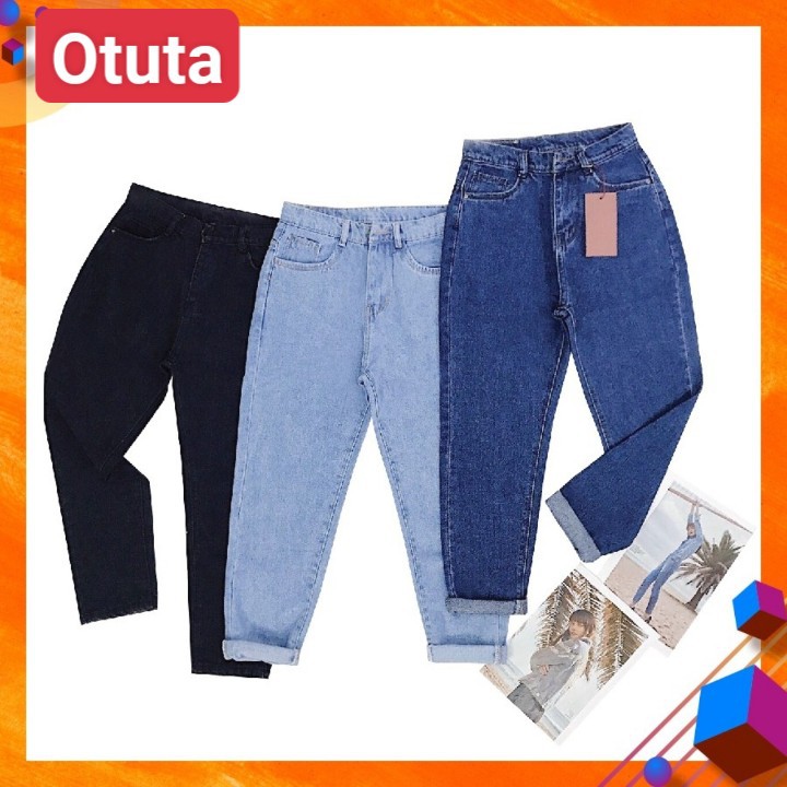 Quần jeans nữ dáng baggy họa tiết trơn chất liệu vải bò denim- cạp chun- OTUTA