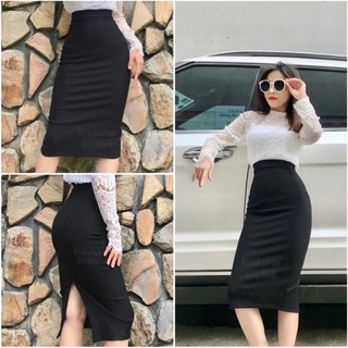 Chân váy bút chì xẻ sau vải UMI co giãn, Váy công sở dáng dài 70cm