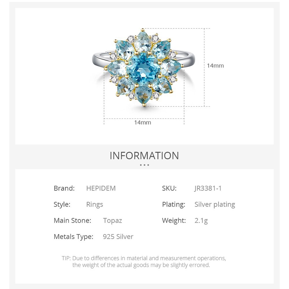 HEPIDEM 100% Thực sự Nhẫn Topaz Phụ nữ 925 Sterling Silver Tự nhiên Đá quý màu xanh lam Vòng đeo tay Đám cưới Quà tặng đính hôn Đồ trang sức tốt 3381