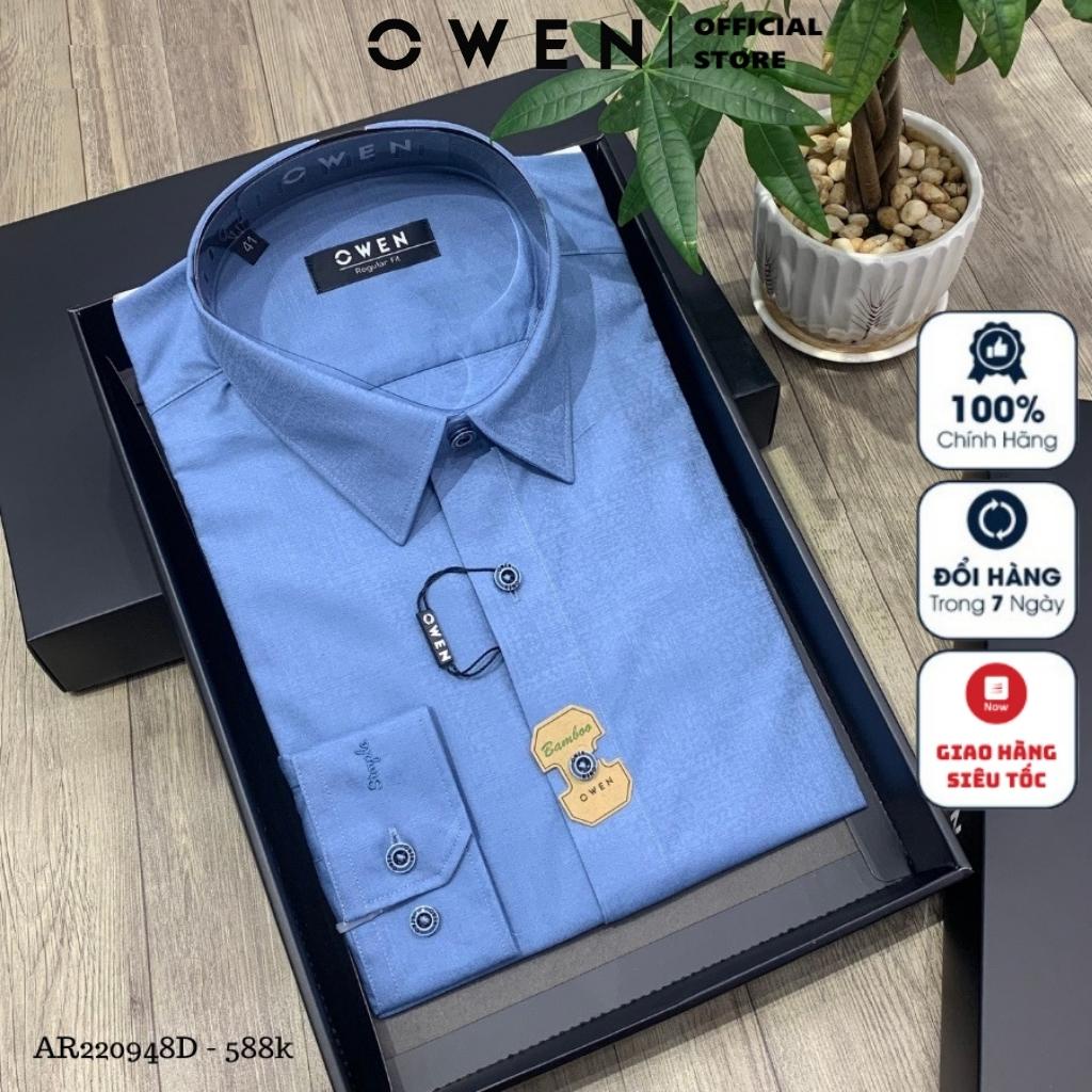 Áo Sơ Mi Nam Dài Tay OWEN AR220948D Somi Công Sở Vải Sợi Tre Cao Cấp Màu Dobby xanh Dáng Regular Fit Tà Lượn Không Túi