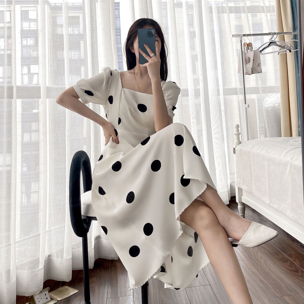 Váy maxi chấm bi dáng dài tay bồng cổ vuông qua gối HSG105