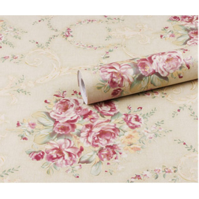 Cuộn 10m giấy dán tường hoa hồng chùm cổ điển vàng khổ rộng 45cm