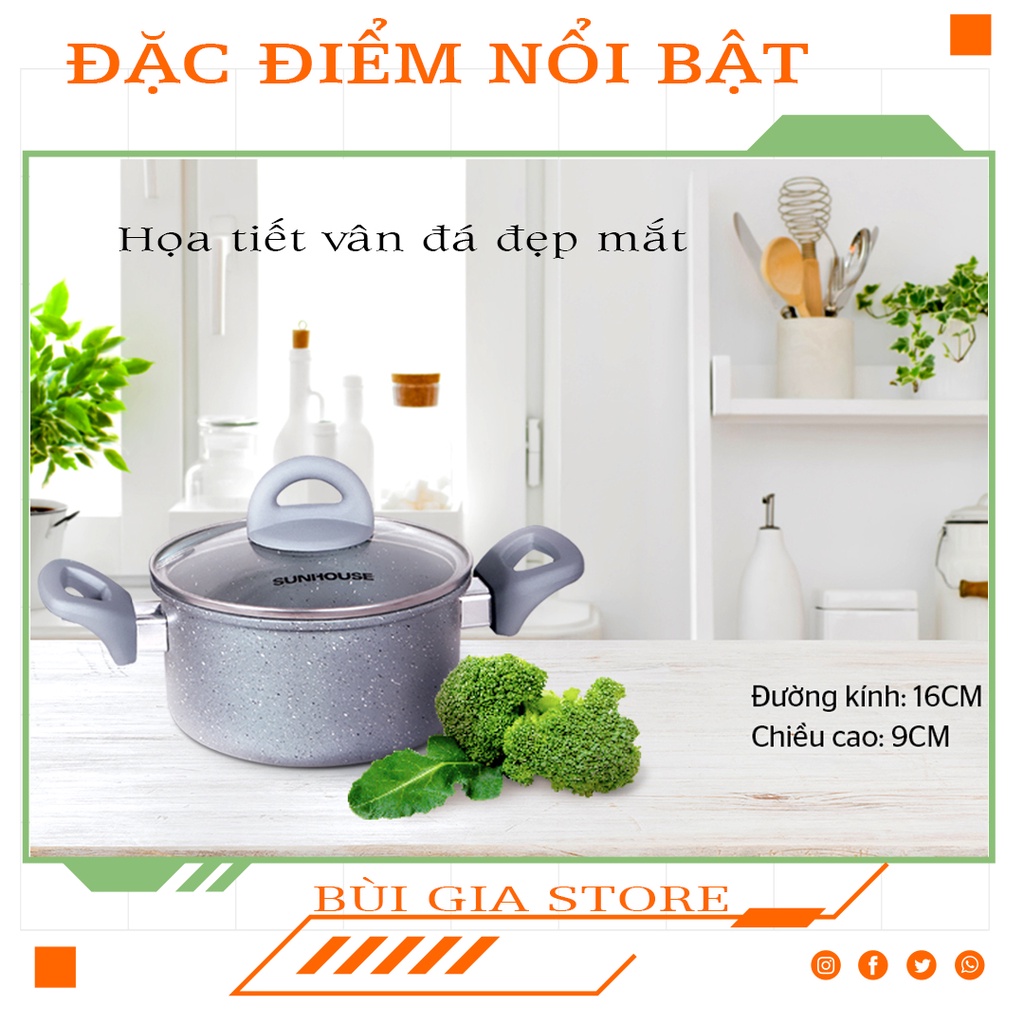 Nồi vân đá đáy từ Sunhouse 16cm - 24cm | Nhôm đúc nguyên khối bền bỉ - chống dính an toàn