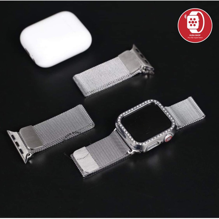 Combo Dây Milan Thép Không Rỉ và Ốp Viền Đính Đá Cho Apple Watch,T500,HW12,HW22,W26,W46,U78Plus Đủ Size