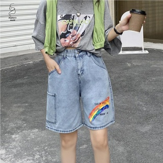 Quần Short Denim Lưng Cao Họa Tiết Cầu Vồng Đáng Yêu