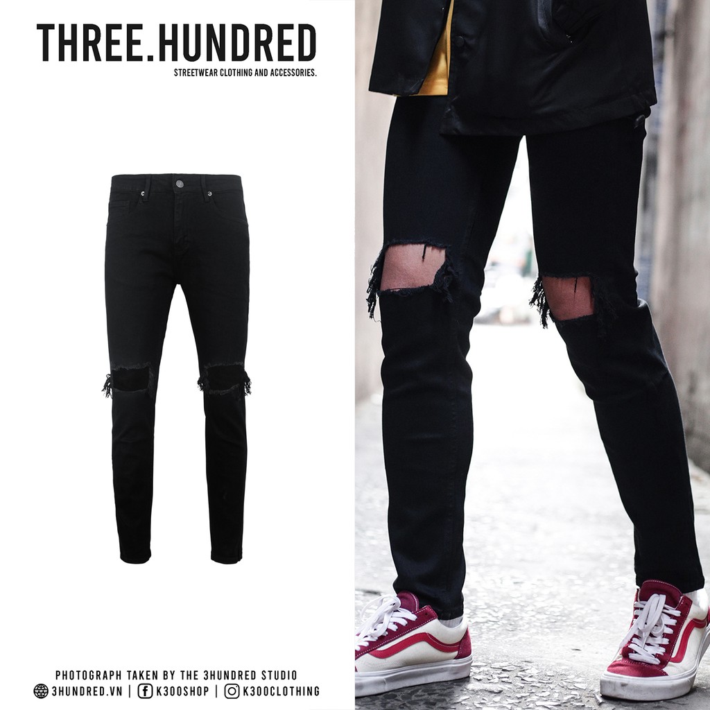 Quần Skinny Jeans Nam-Màu Đen-Kiểu Rách Gối Lớn-Chất Liệu Cotton Co Giãn-Ống Đứng Dáng-Ống Ôm Chân Chuẩn Skinny