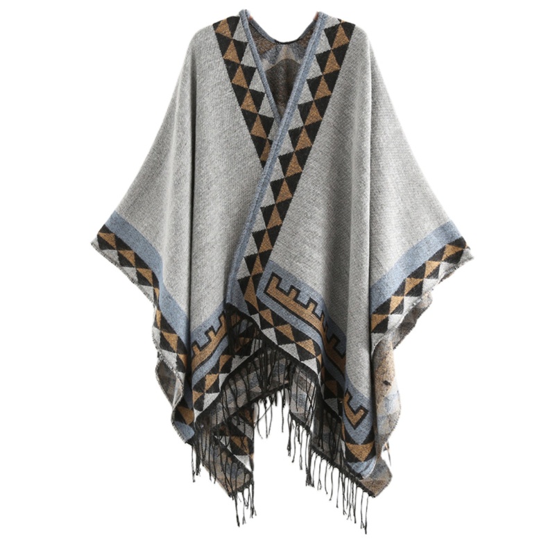 Khăn Choàng Poncho Tua Rua Họa Tiết Hình Học Nhiều Màu Sắc Phong Cách Vintage Dành Cho Nữ