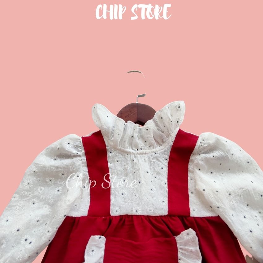 Body bé gái dài tay màu đỏ phối trắng CHIP STORE Set thu đông cho bé gái diện đầy tháng Noel, Tết siêu xinh BDTD