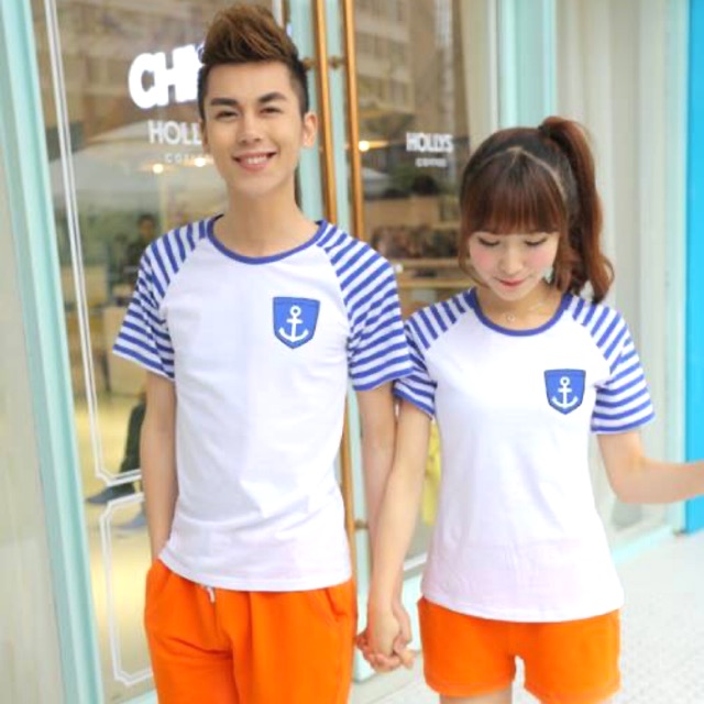 Áo thun đôi unisex sọc navy Freeship