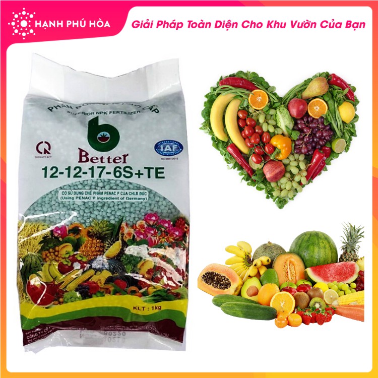 Phân Bón Hữu Cơ Cao Cấp Chuyên Rau Sạch, Cây Ăn Trái Better (Xanh) 12-12-17-16S +TE 1kg/Gói- Bổ Sung Dinh Dưỡng