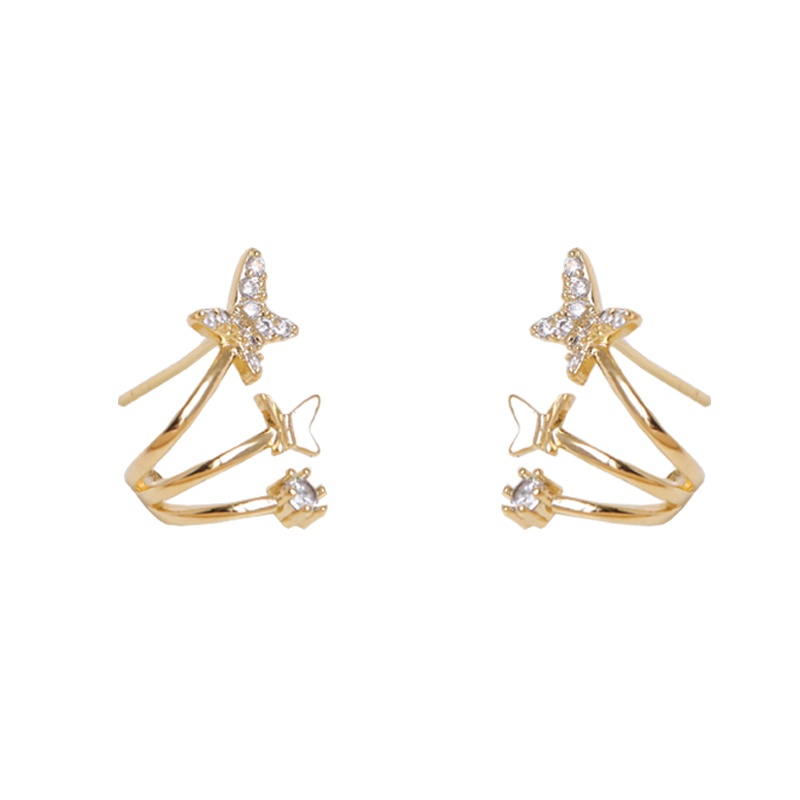 Bông Tai Ba Hàng Hình Bướm Đính Đá Lấp Lánh Phong Cách Hàn Quốc