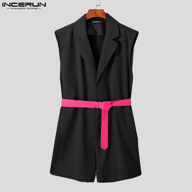 INCERUN Bộ Áo Liền Quần Cổ Bẻ Không Tay Phối Thắt Lưng Thời Trang Mùa Hè Cho Nam