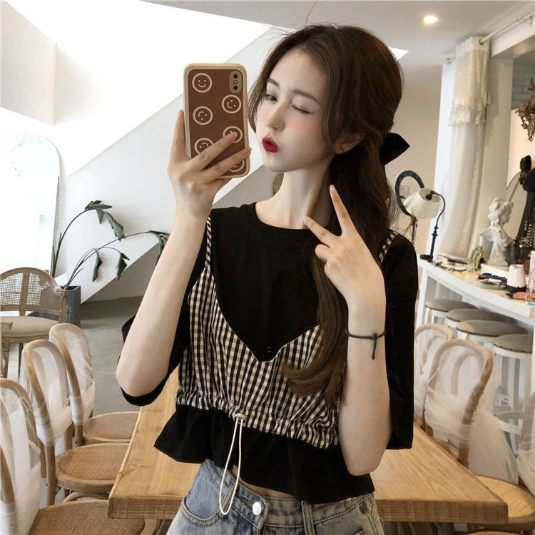 Áo thun giả hai lớp tay ngắn dáng rộng màu đen/ màu trắng thời trang dành cho nữ