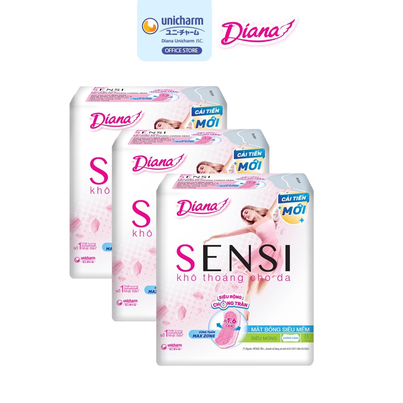 Bộ 3 gói băng vệ sinh Diana Sensi siêu mỏng không cánh 8 miếng/gói