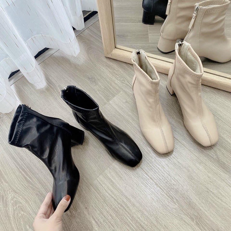Boot da mềm đen be gót vuông 5cm