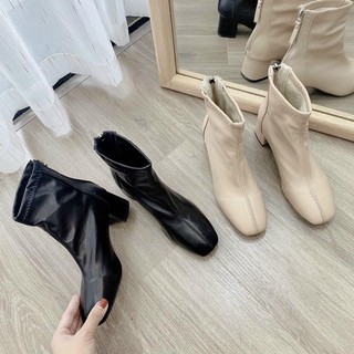 Boot da mềm đen be gót vuông 5cm